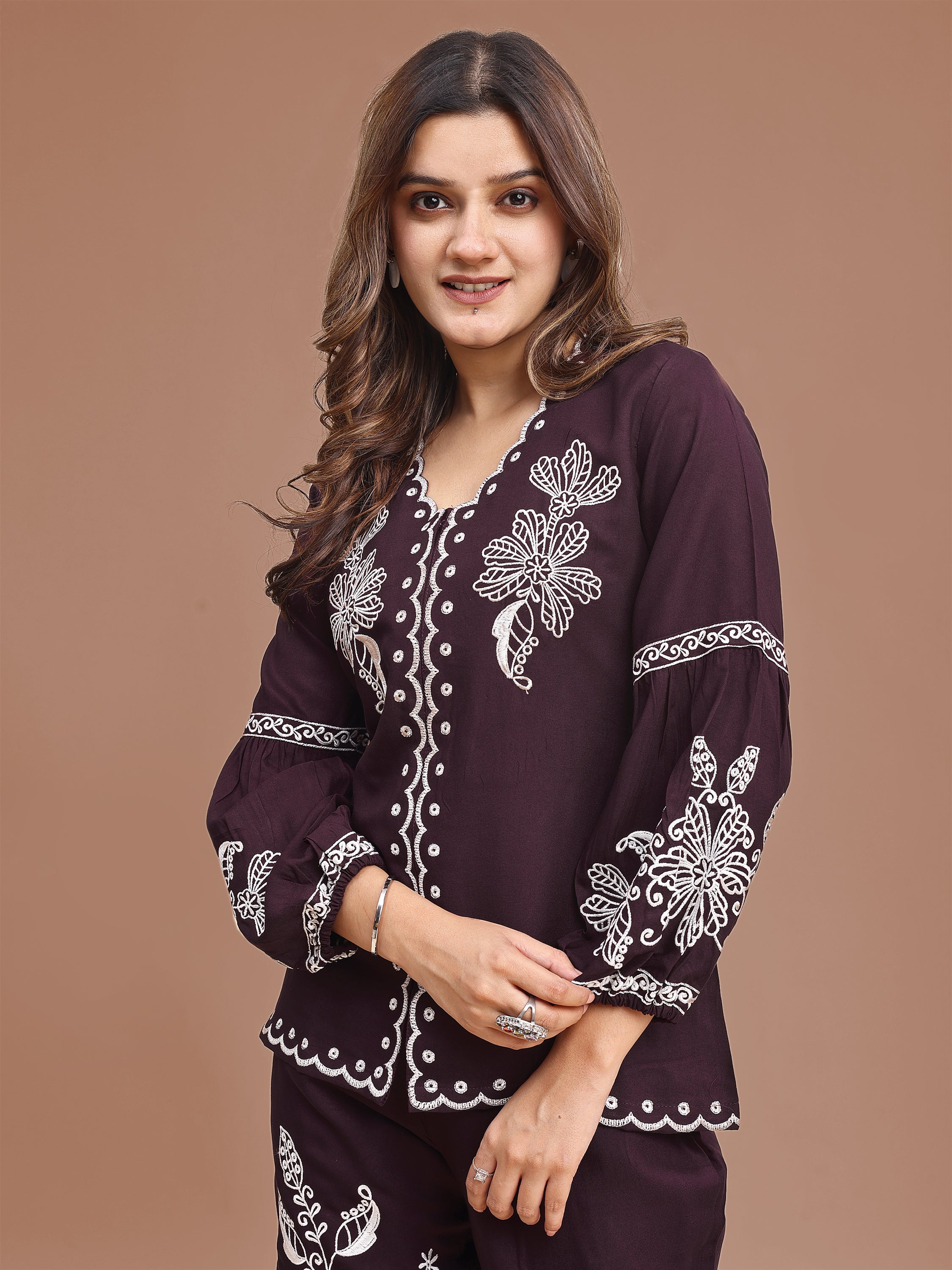 Dark Purple Colored Rayon With White Thread Embroidered Tunic & Trouser Co-ord Set